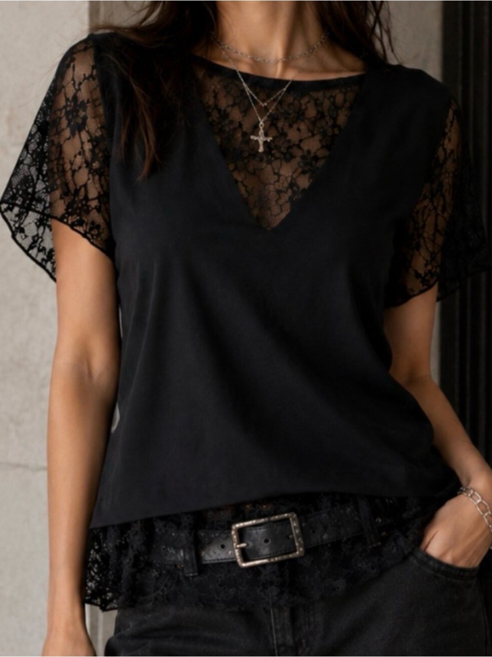 MAJE Black Lace Layered Top Size Medium